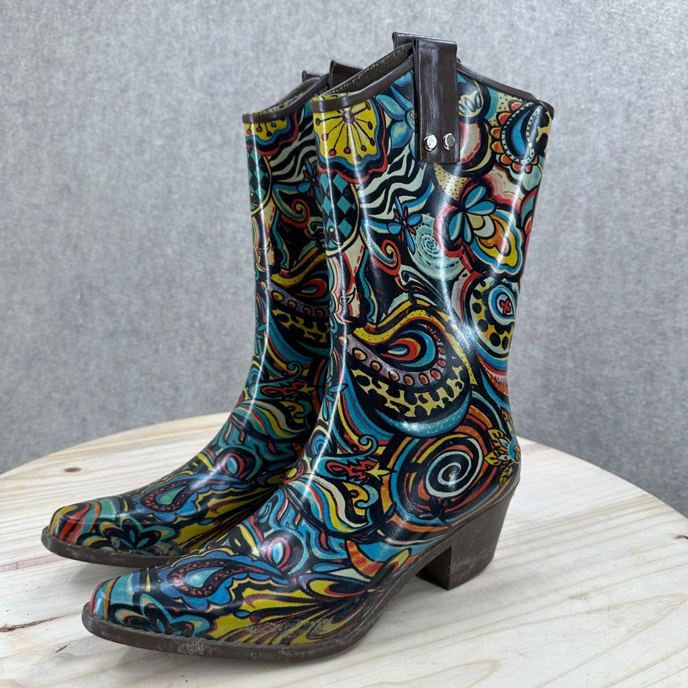 Bops Beehive Psychedelic Paisley Western Rubber Rain Boots SZ 8 Pointed Toe